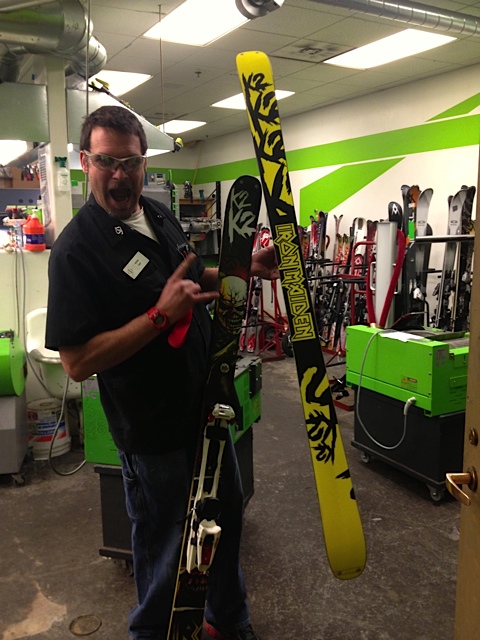 Norm, rocks out with his new badass skis in his ski tuning center